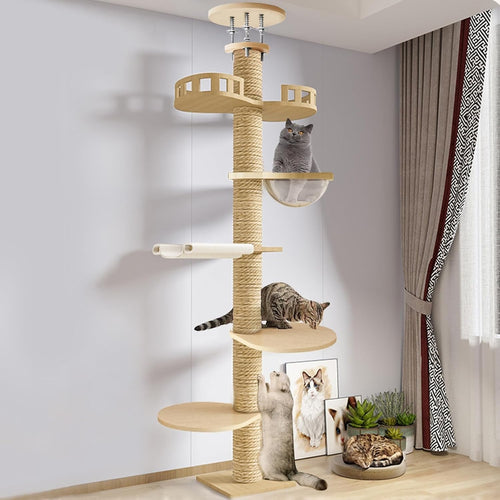 Floor to Ceiling Cat Tree 3m Adjustable 6 Tier Tower Hemp Scratching Post