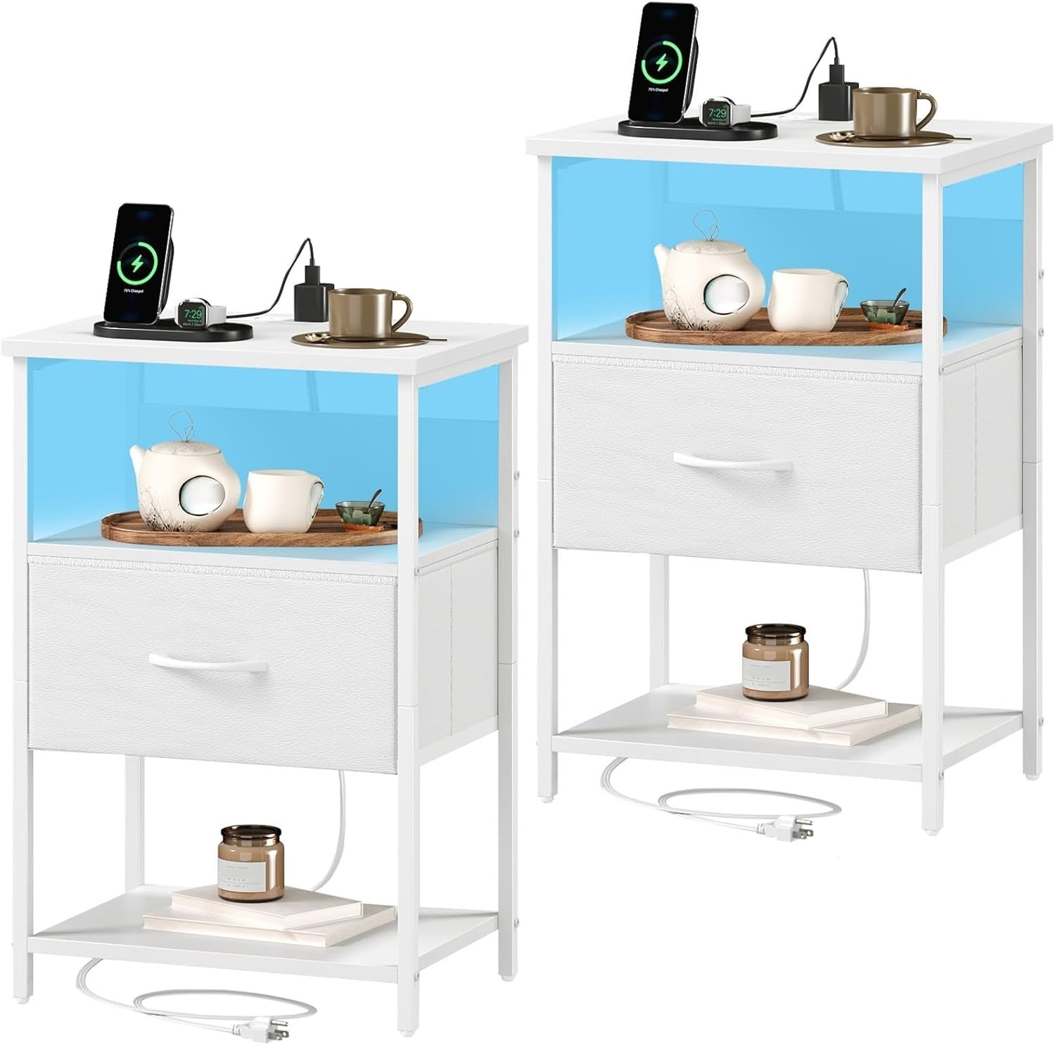 White Bedside Table with LED Light – USB Charging Ports
