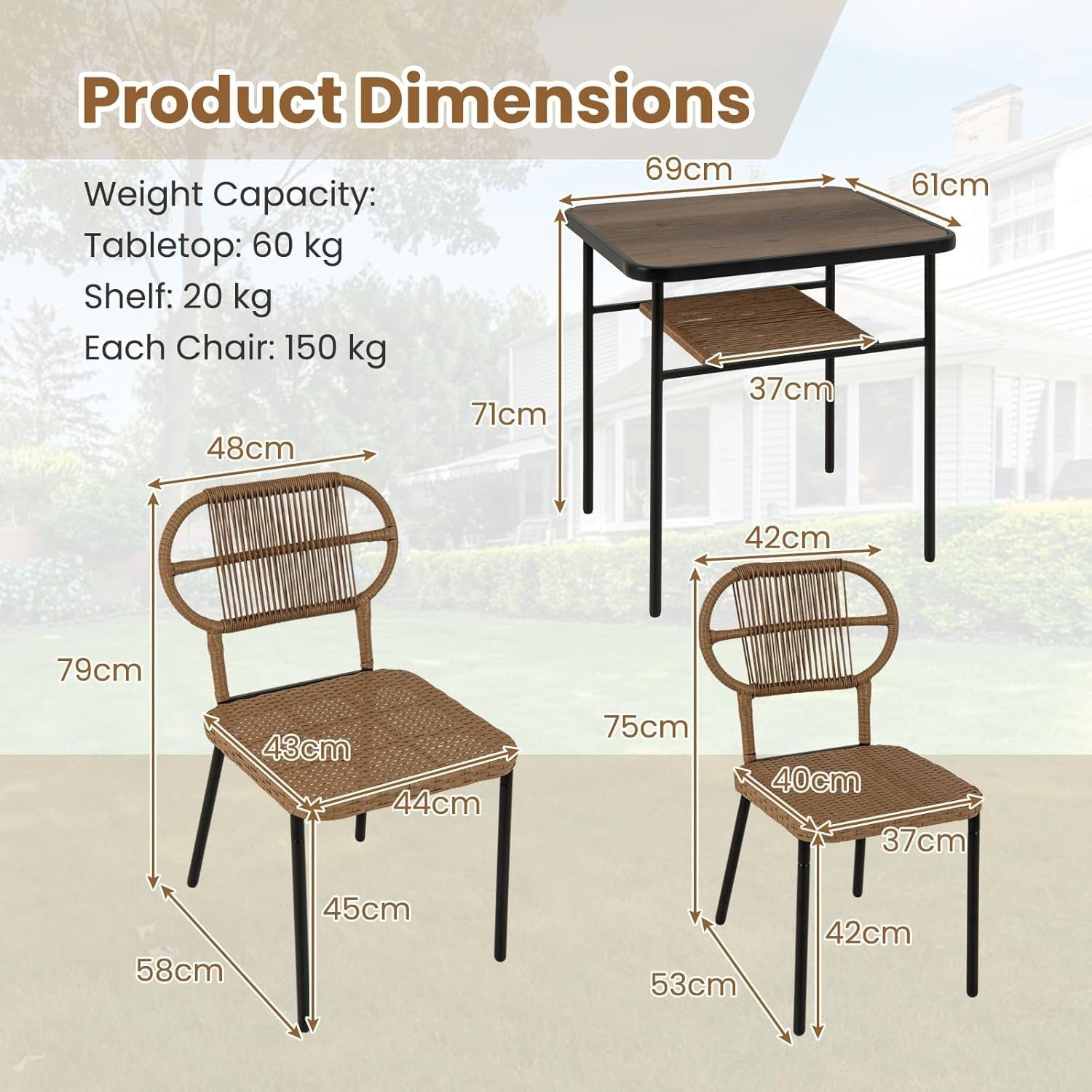 3 Piece Rattan Bistro Set Outdoor Table 2 Stackable Chairs Storage Shelf