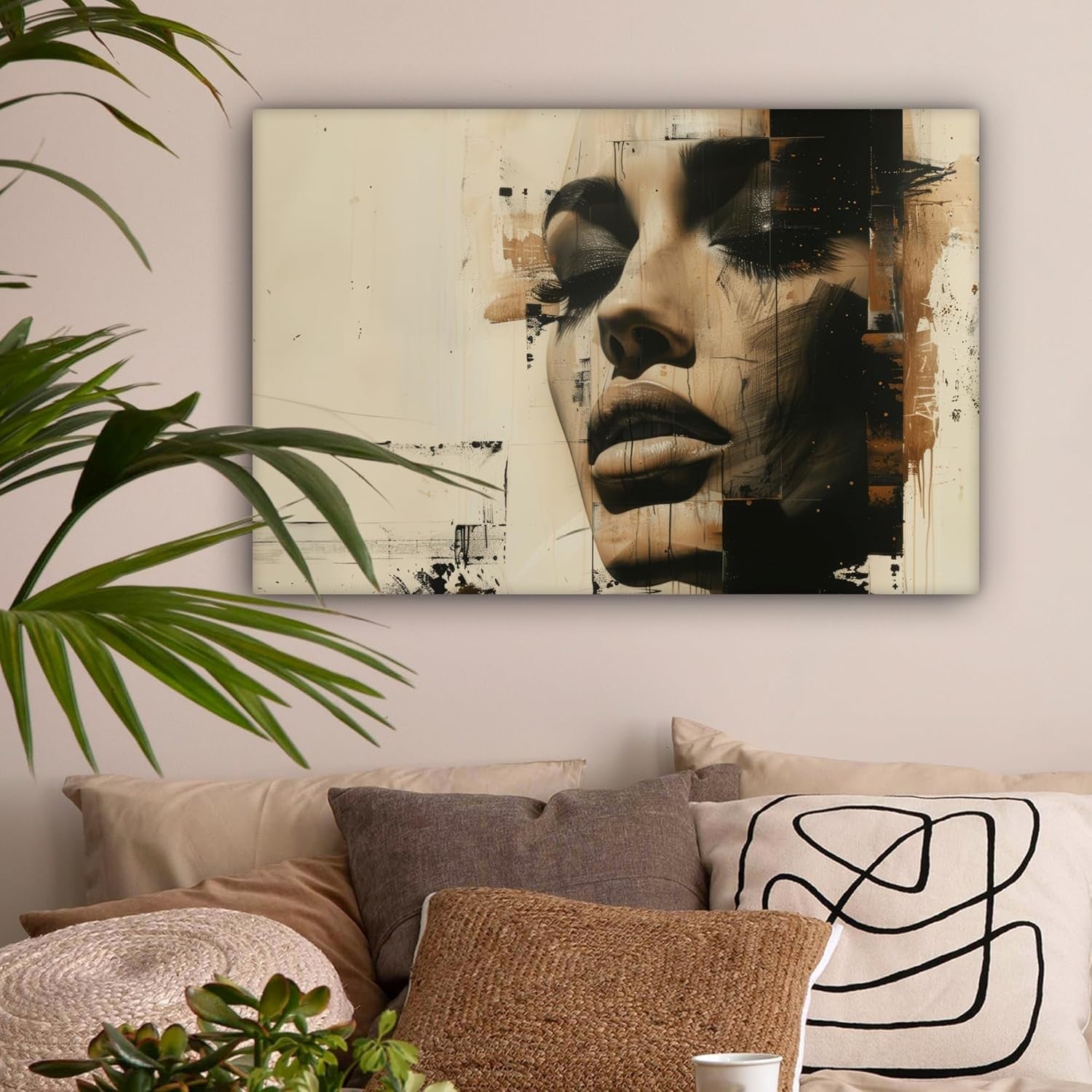 Large Abstract Canvas Wall Art Beige Woman Portrait Modern Living Room Decor