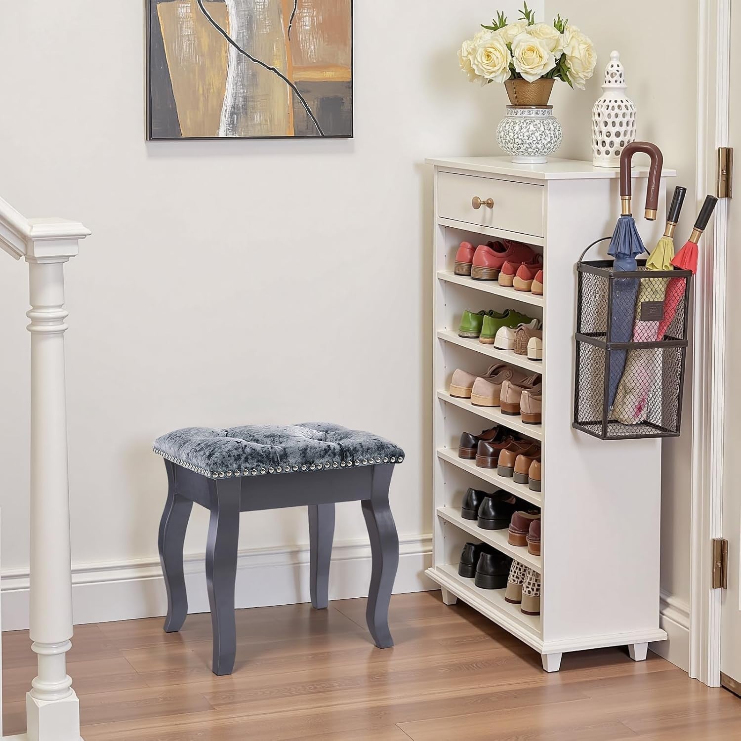 Grey Velvet Vanity Stool with Wooden Legs – Comfortable Dressing Table Chair