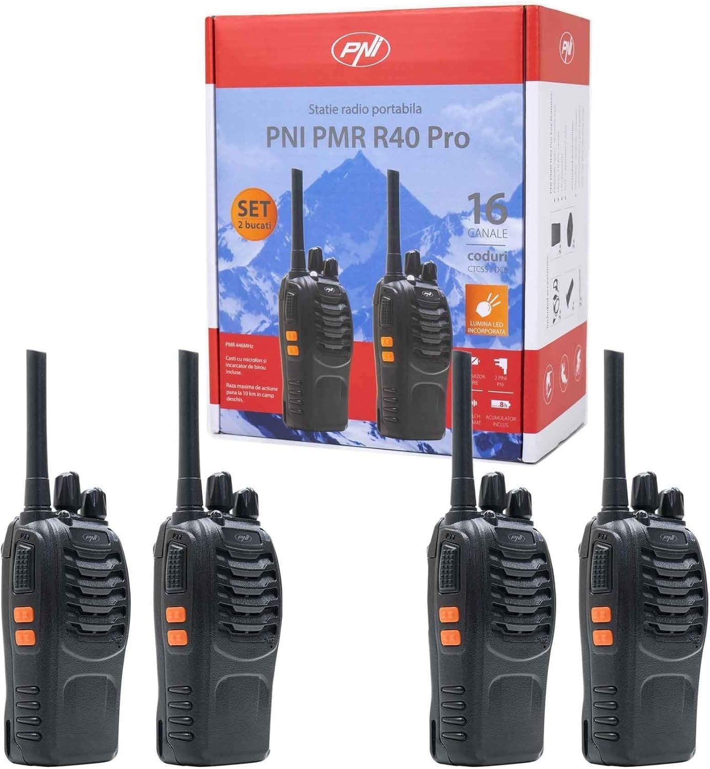 PMR446 Walkie Talkies 4 Pack Long Range 2 Way Radio w Headsets Charger