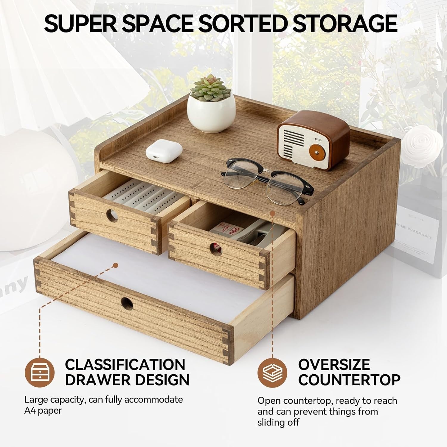 Wooden Desk Organizer with Drawers & Shelf | Home Office Storage Box