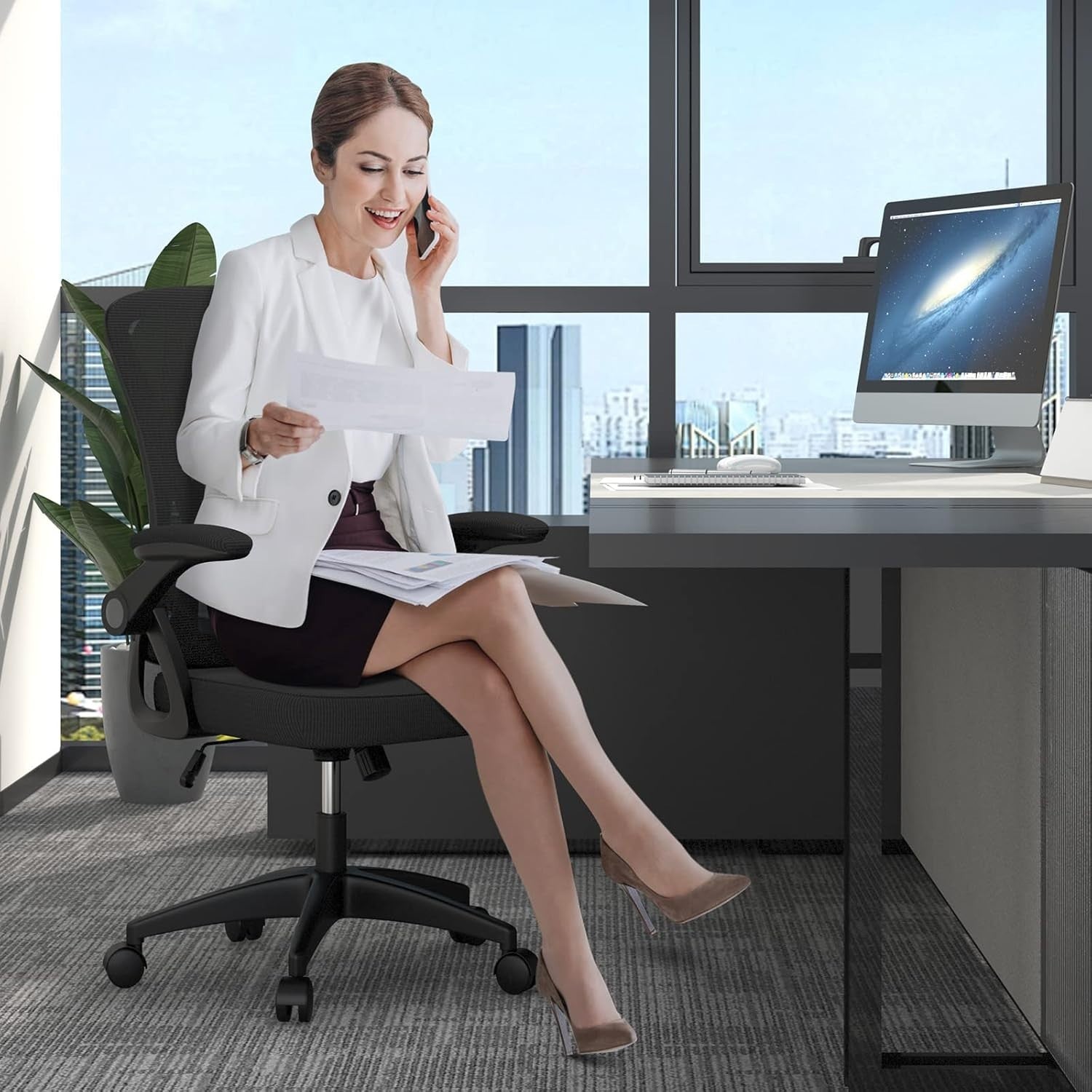 Ergonomic Mesh Office Chair Flip-up Arms Lumbar Support Rolling Black Home Desk
