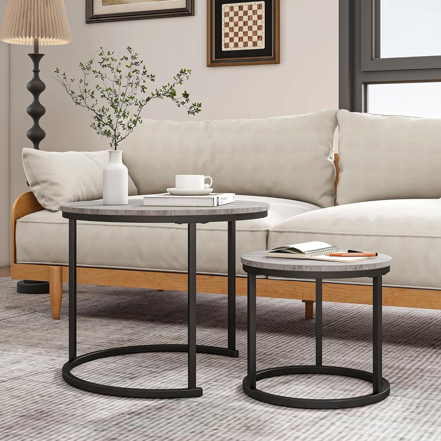 Round Nesting Coffee Table Set of 2 – Modern Space-Saving Side Tables, Metal