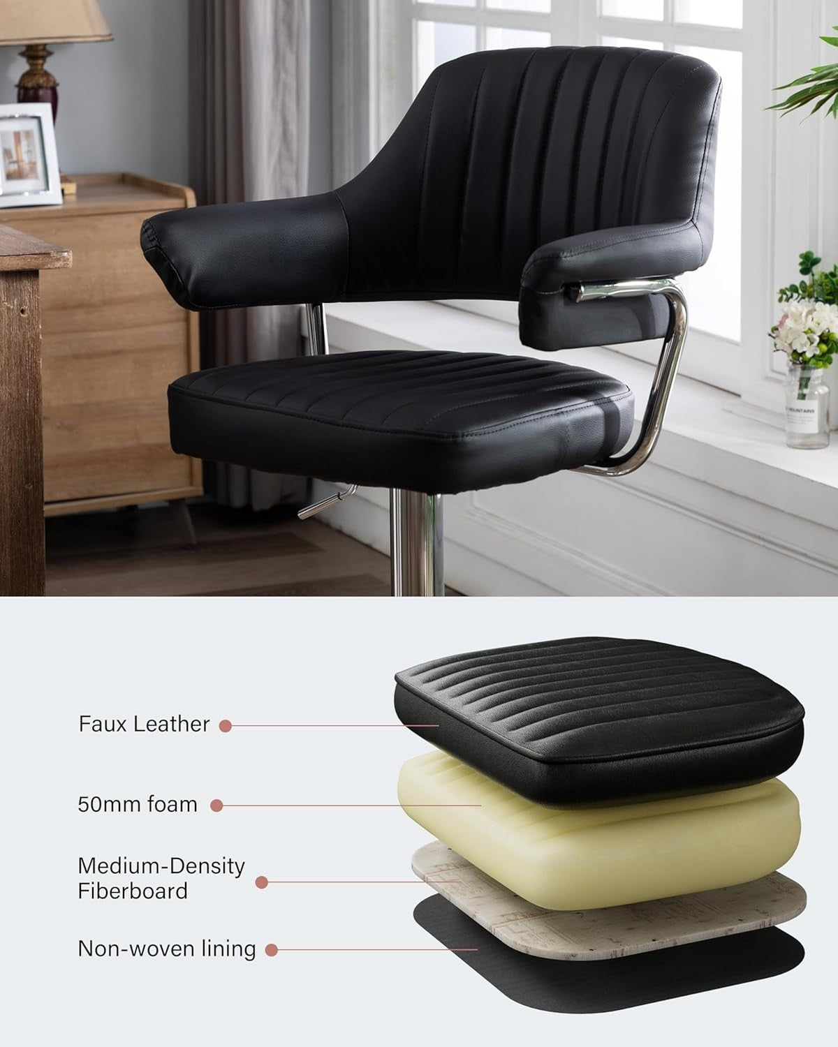 Black Swivel Bar Stool Faux Leather Padded Chrome Frame Chair