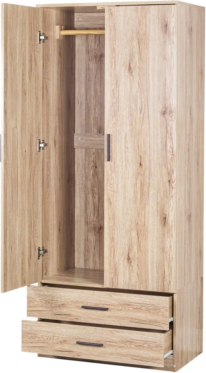 Modern Oak 2 Door Wardrobe with Drawers | Bedroom Storage & Hanging Rail