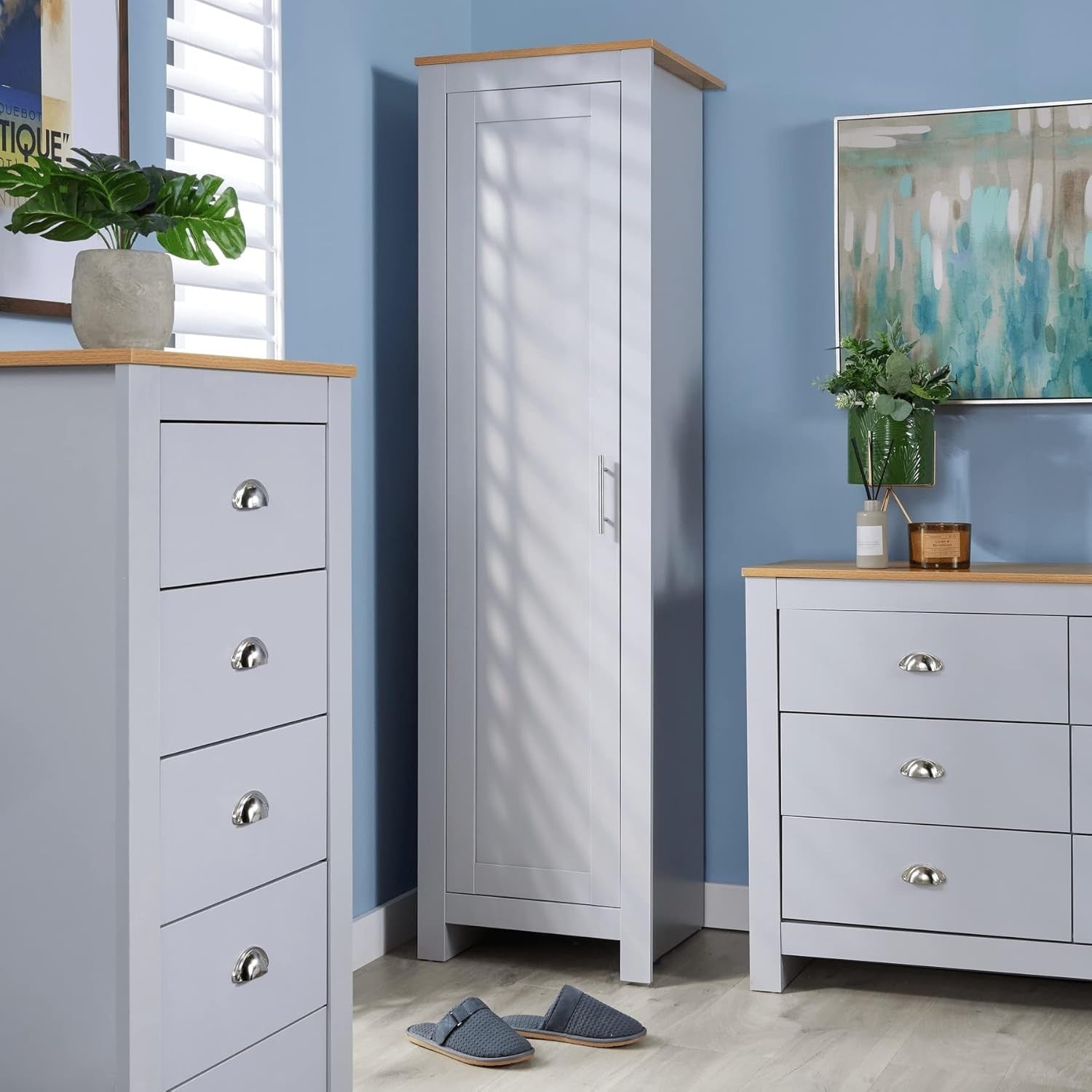Slim Grey Oak Effect 1 Door Wardrobe Storage Cupboard for Bedroom