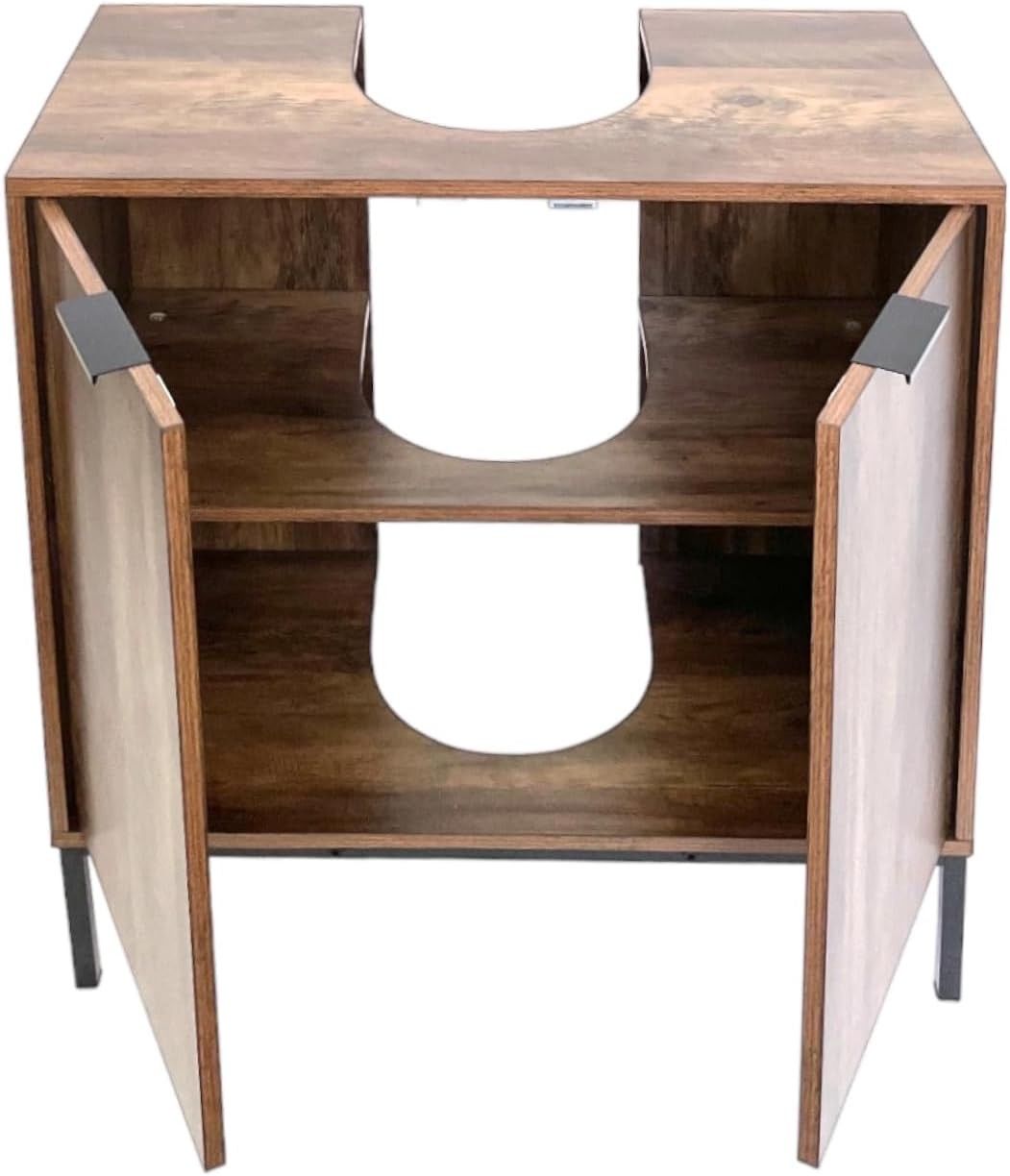 Rustic Oak Under Sink Bathroom Cabinet with Double Doors & Storage Shelf
