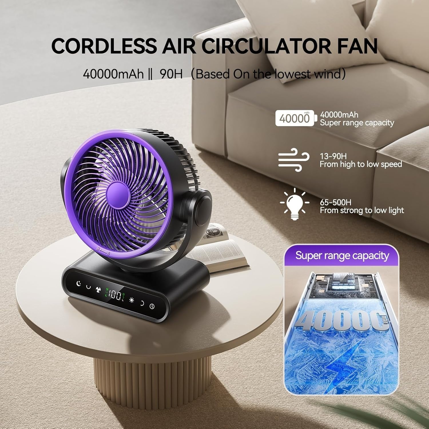 9" Rechargeable Air Circulator Fan – 40000mAh 5-Speed LED Display Khaki