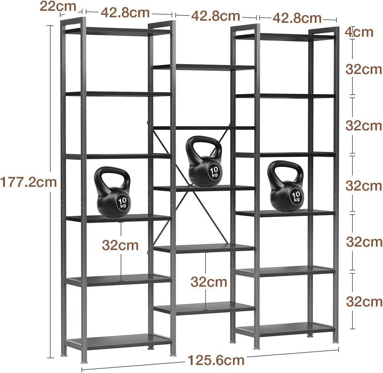 6 Tier Triple Bookshelf Industrial 14 Shelf Wide Bookcase Black