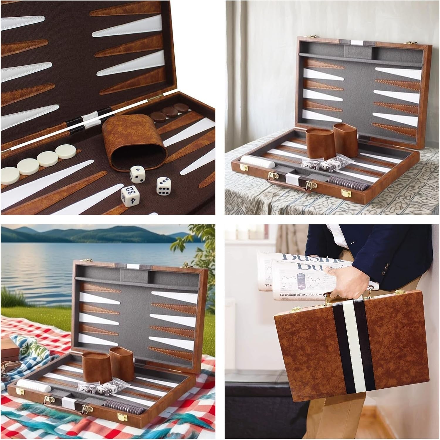 15” Backgammon Set Travel Leather Case Folding Board Luxury Strategy Game
