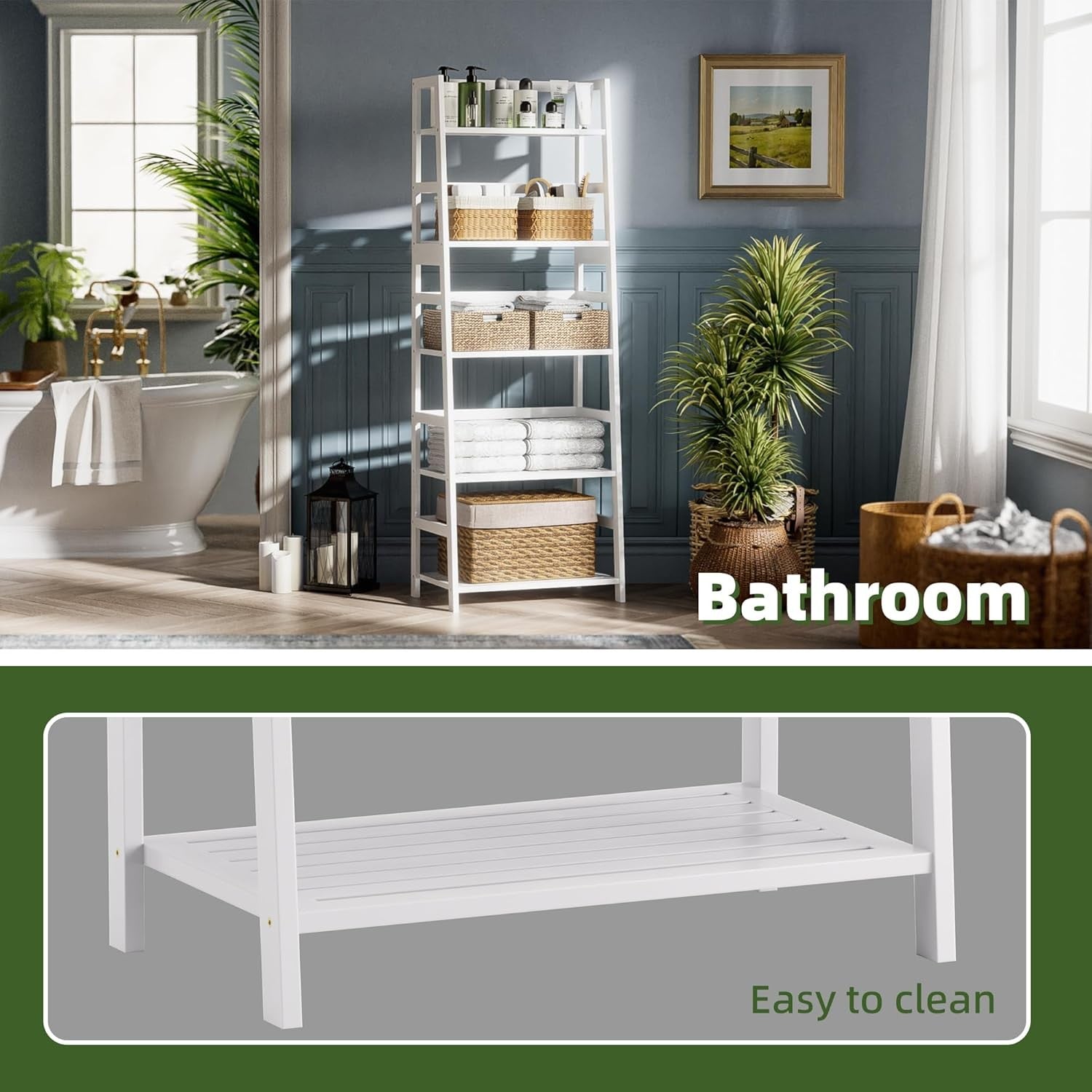 White 5-Tier Bamboo Ladder Bookcase, Heavy Duty Tall Display Storage Shelf