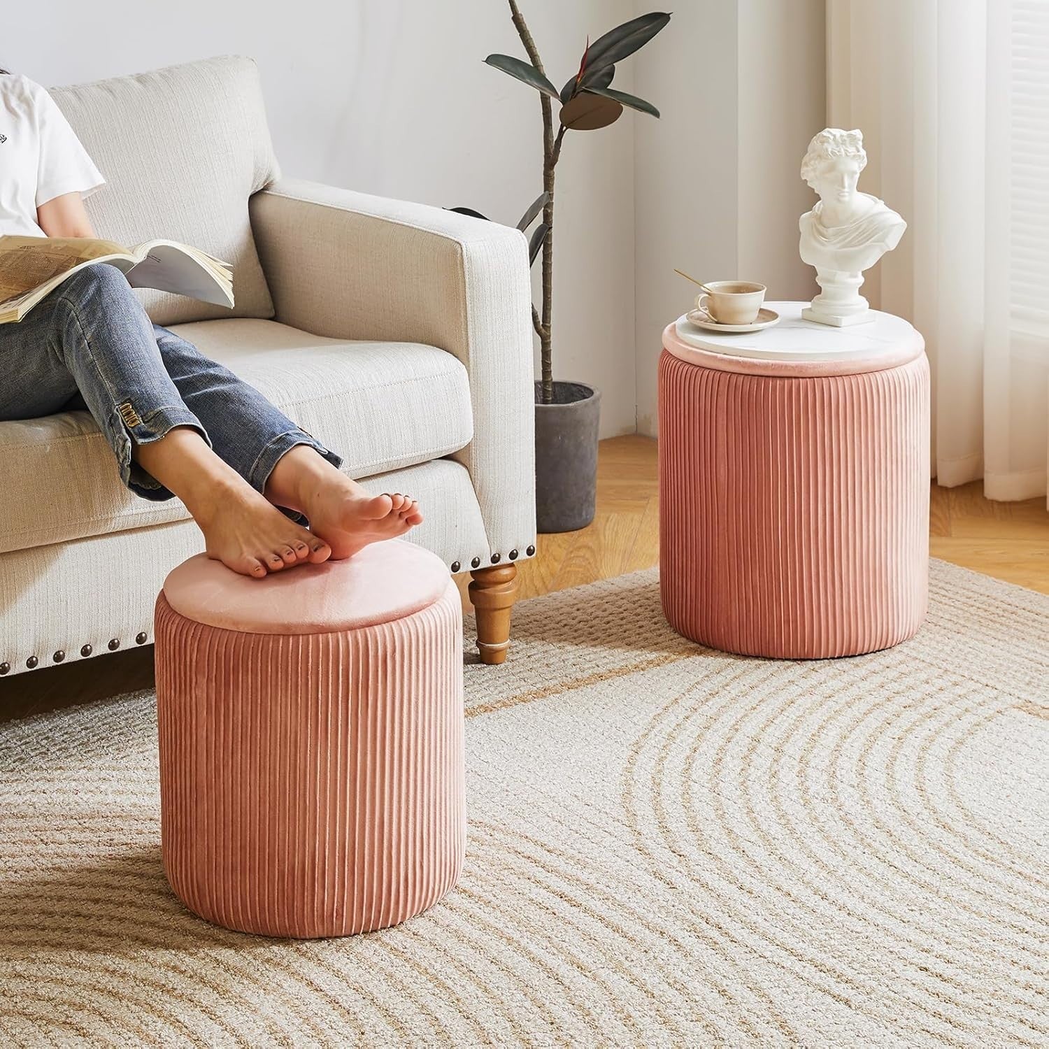 Set of 2 Pink Round Storage Ottomans – Velvet Vanity Stools & Side Tables