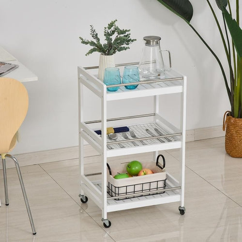 3-Tier Rolling Kitchen Trolley Cart with Steel Trays & Wheels – White