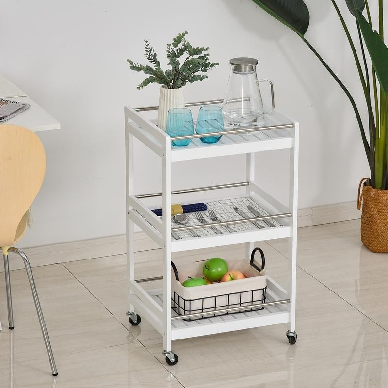 3-Tier Rolling Kitchen Trolley Cart with Steel Trays & Wheels – White