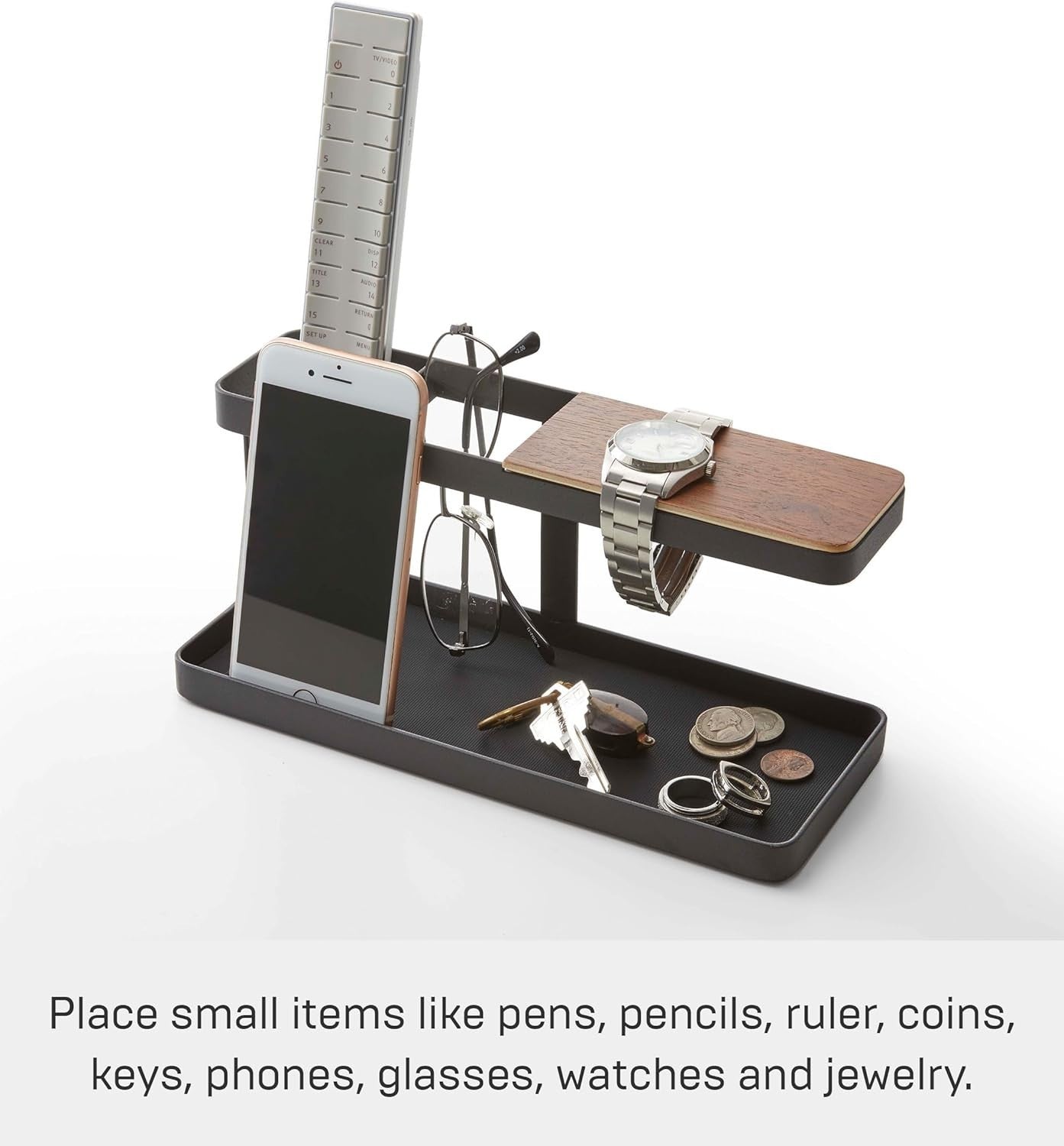 Minimalist Tower Desk Organizer with 3 Compartments – Black Wood/Steel