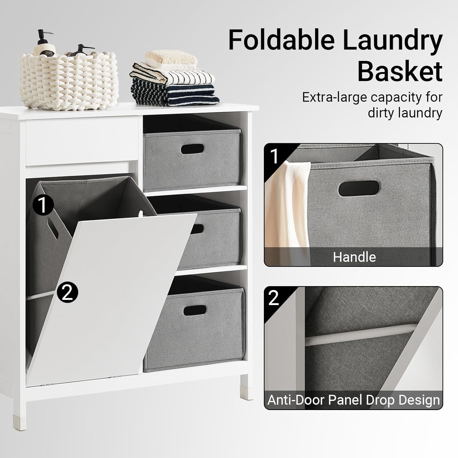 Bathroom Laundry Cabinet with Hidden Basket Drawers Storage Unit White