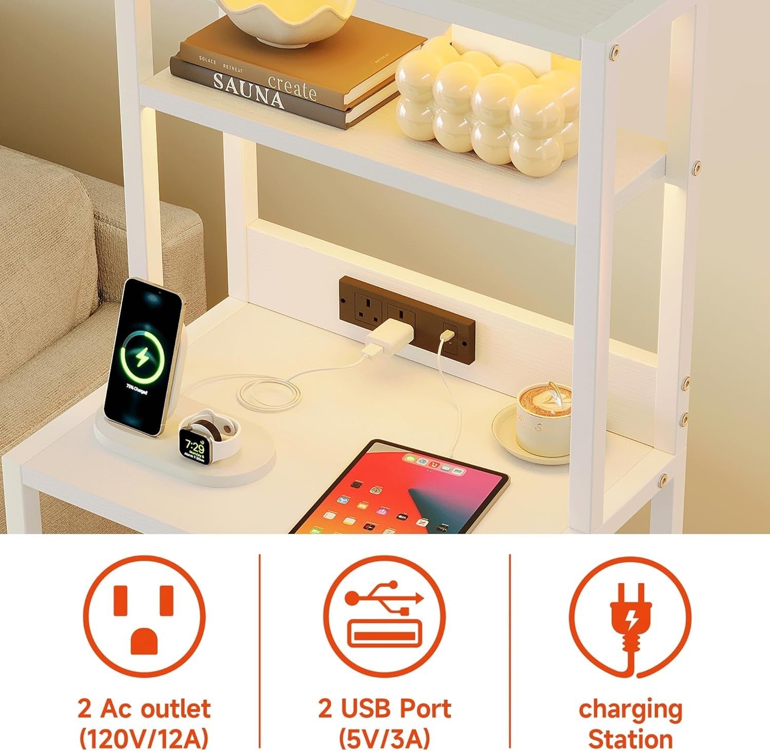 Tall Bedside Table with USB Charging, 3 Drawers + Shelves