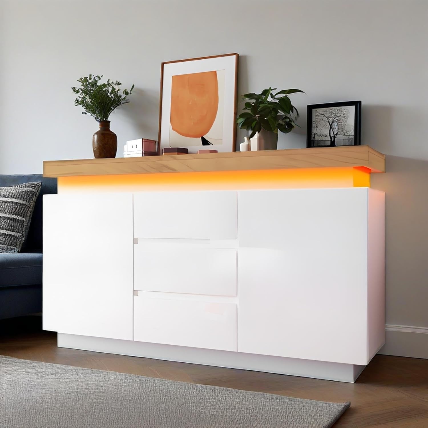 White High Gloss Sideboard Cabinet 140cm LED App RGB 4 Door Storage Unit