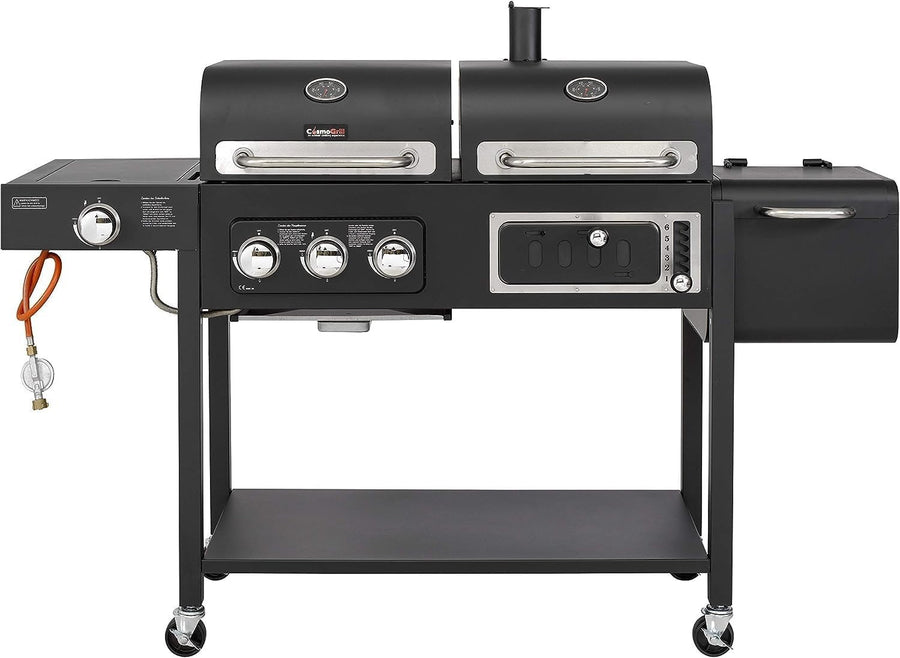 Dual Fuel Gas & Charcoal BBQ Grill 4 Burner Smoker with Cover