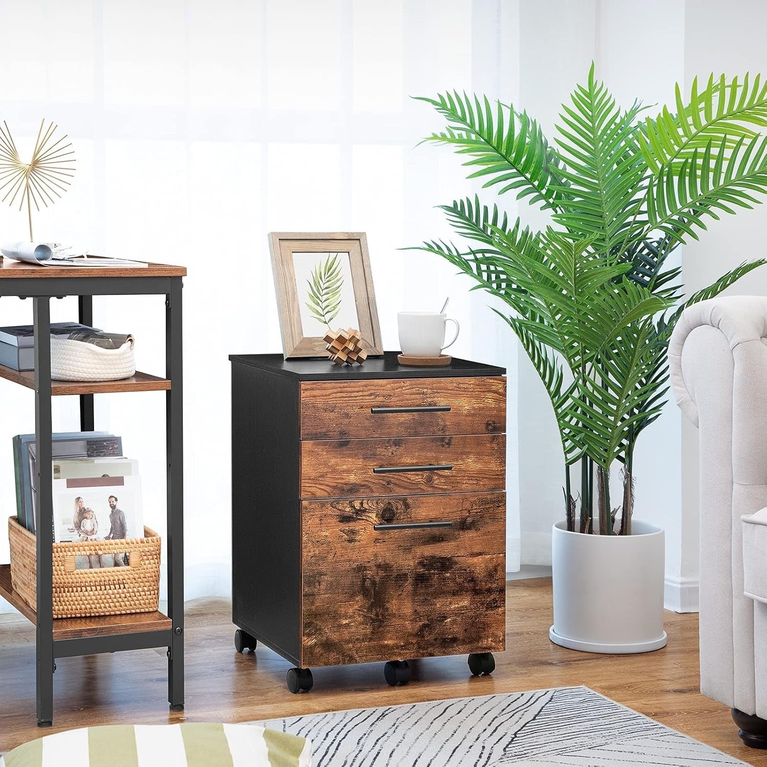 3 Drawer Mobile Filing Cabinet Rolling Office Storage Rustic Brown Black