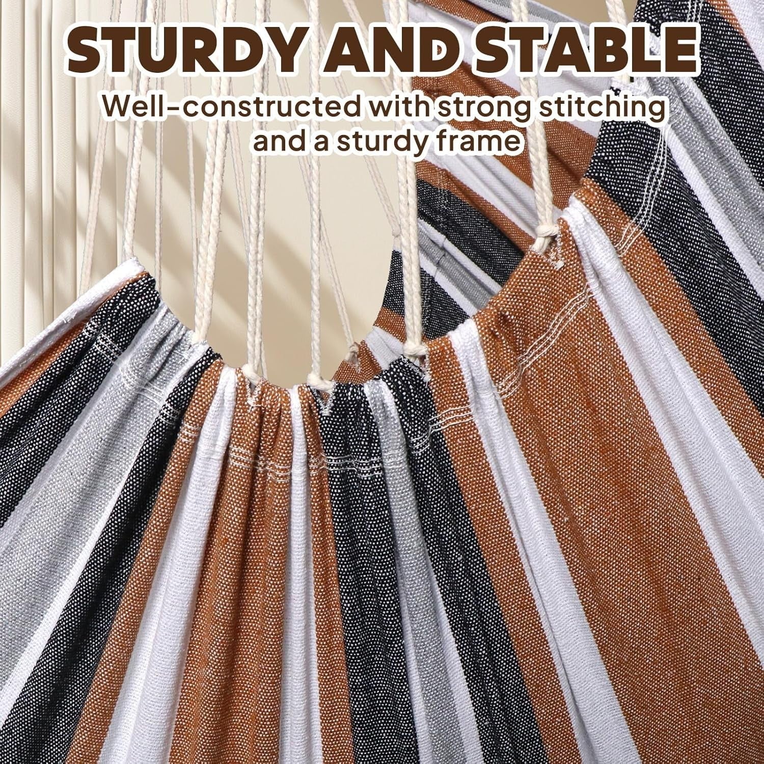Brown Striped Hammock Chair with 2 Cushions & Straps | 500lbs Indoor Outdoor