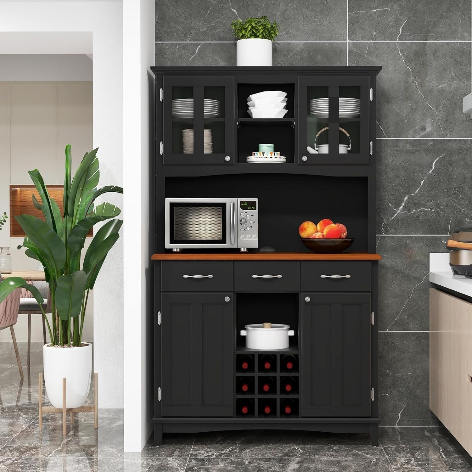 Black Tall Kitchen Storage Cabinet Buffet Cupboard with Drawers & Wine