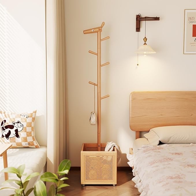 Wood Coat Rack with Storage Basket | 5 Hooks Freestanding Hall Tree Stand