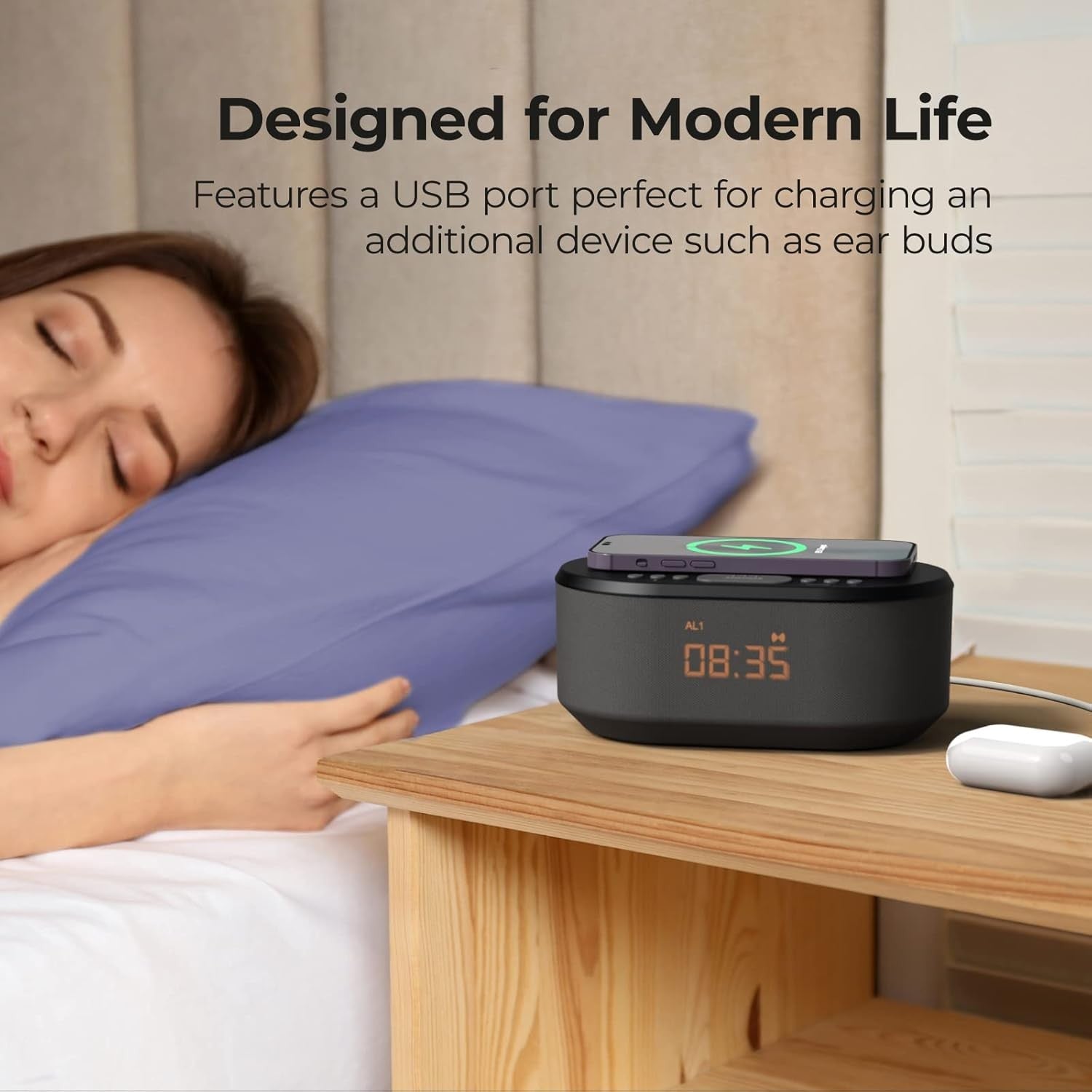 Bedside Alarm Clock Wireless Charger Bluetooth Speaker Radio Dimmable