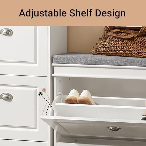 White Shoe Storage Bench with Cushion & Flip Drawer – Narrow Hallway Unit