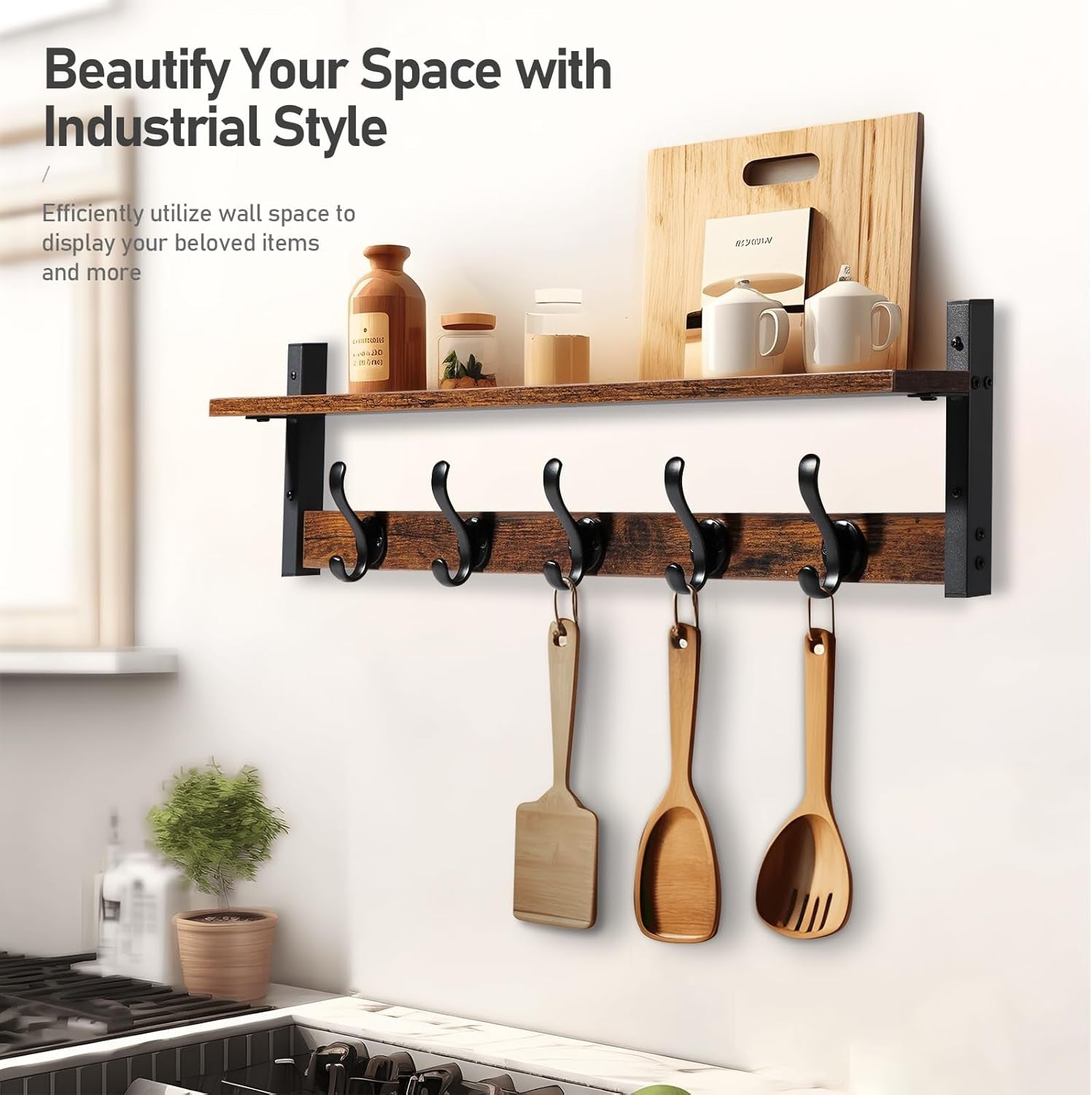 Rustic Brown Black Wall Mounted Coat Rack with Shelf | 29” Hooks Entryway