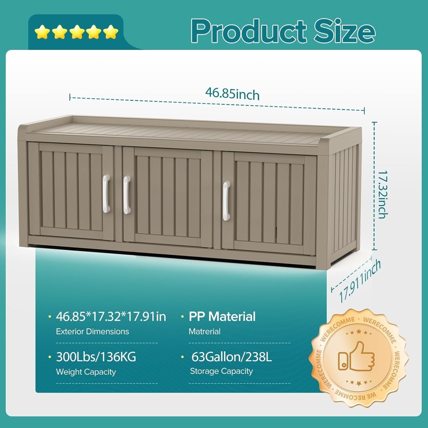 Large 3-Door Waterproof Shoe Cabinet Bench Indoor Outdoor 119x44x45.5cm Coffee