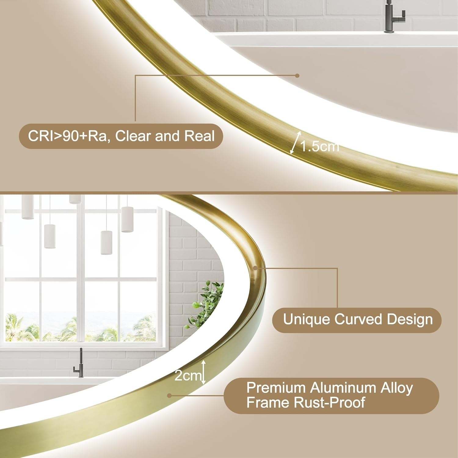LED Bathroom Mirror 80x80cm Anti-Fog Dimmable Gold Frame Waterproof