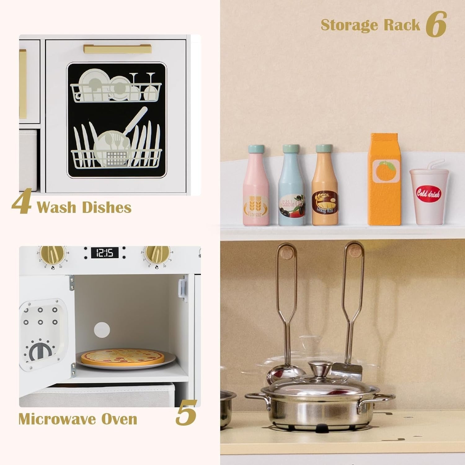 Wooden Kids Play Kitchen White Ice Maker Dishwasher Cooking Toy