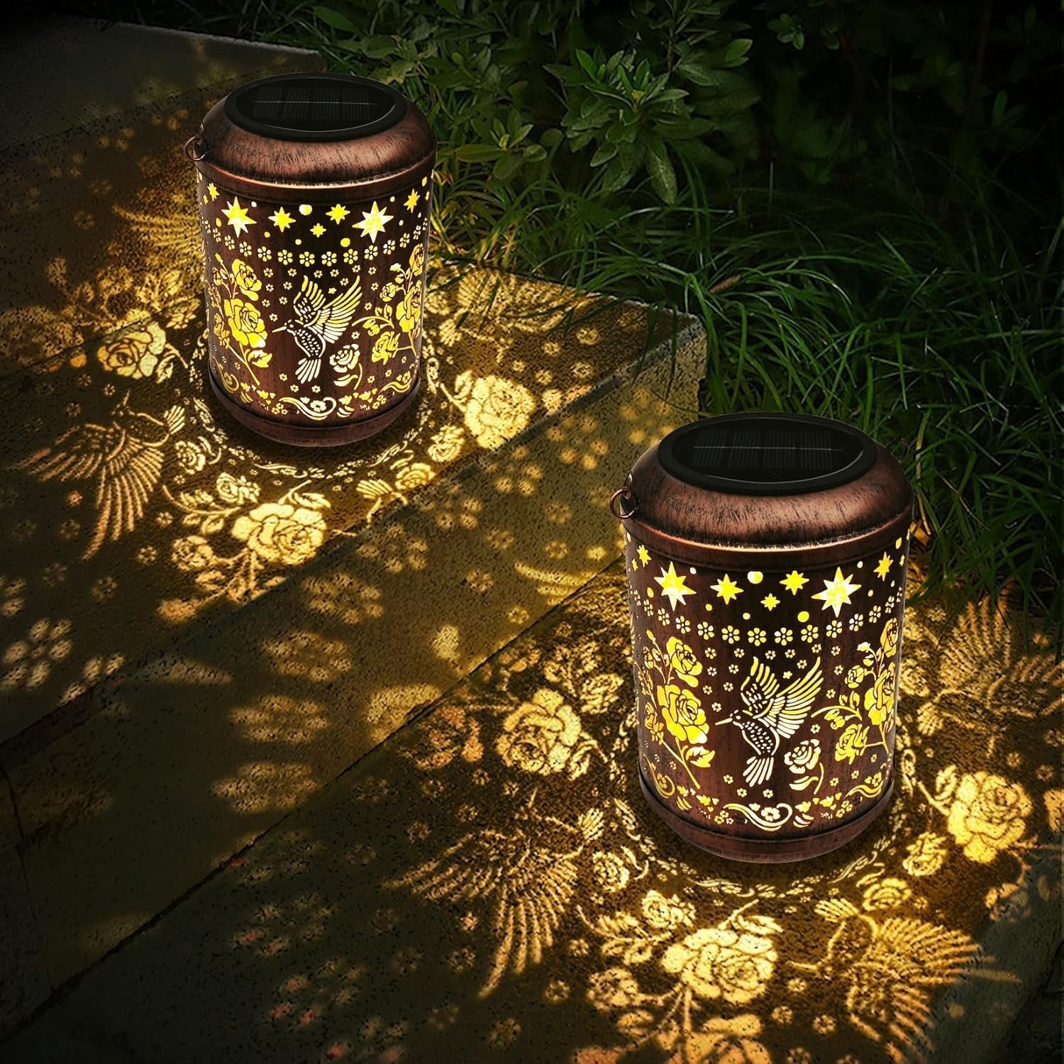 2-Pack Solar Hummingbird Lanterns Bronze LED Garden Lights