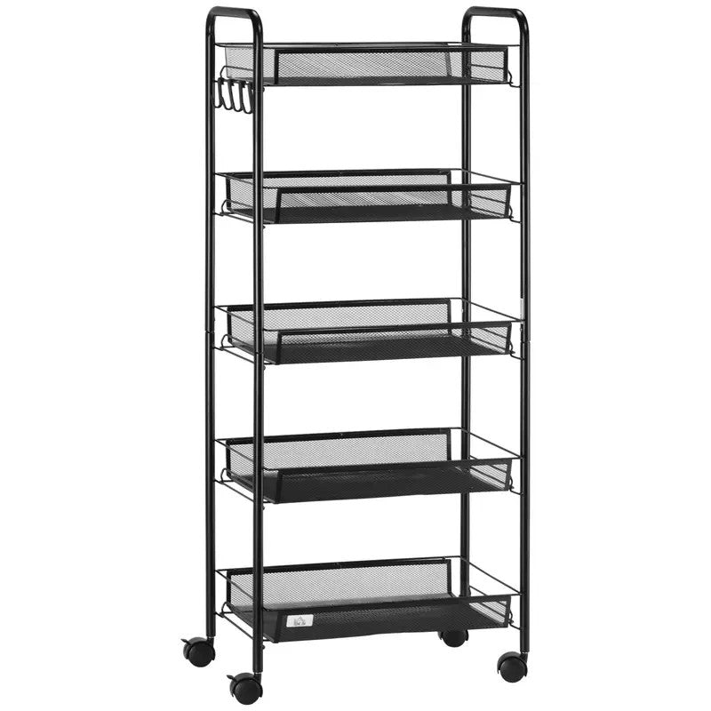 Black 5-Tier Rolling Storage Cart with Mesh Baskets & Lockable Wheels
