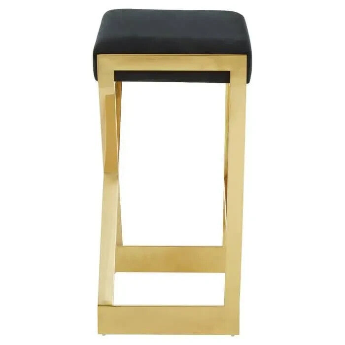 Black Velvet Bar Stool Gold Steel Frame Modern X-Leg Breakfast Chair