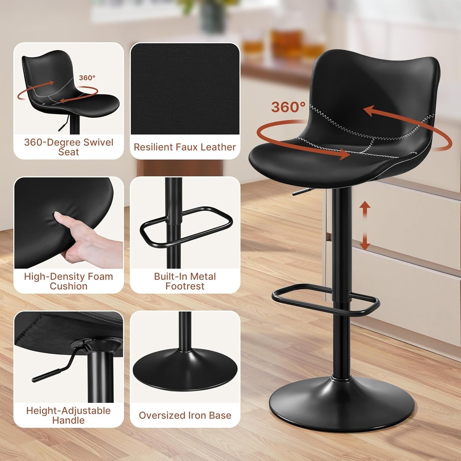 Adjustable Swivel Bar Stools Set of 2 PU Leather Counter Height Black