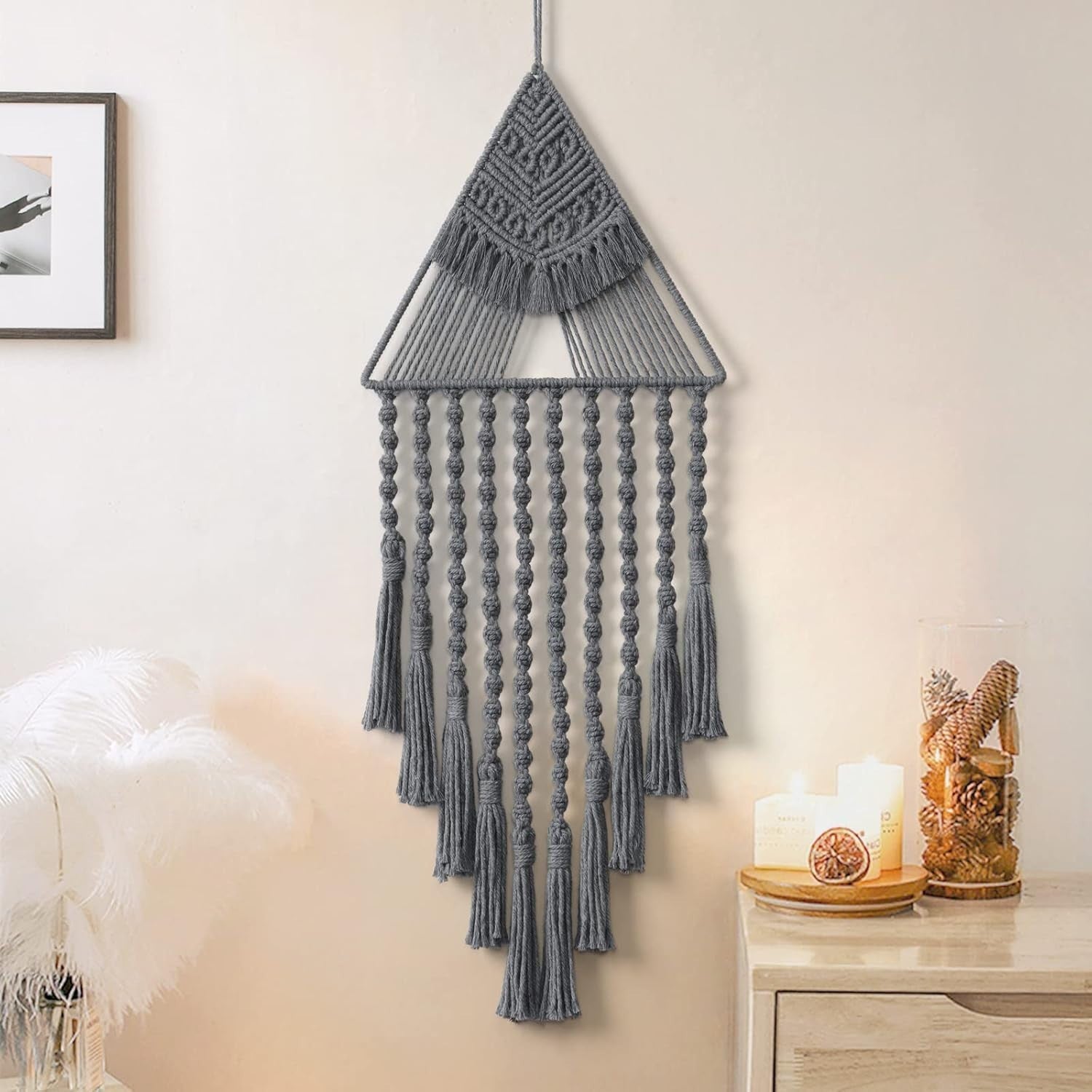 Grey Boho Triangle Macrame Wall Hanging 27" Cotton Tassel