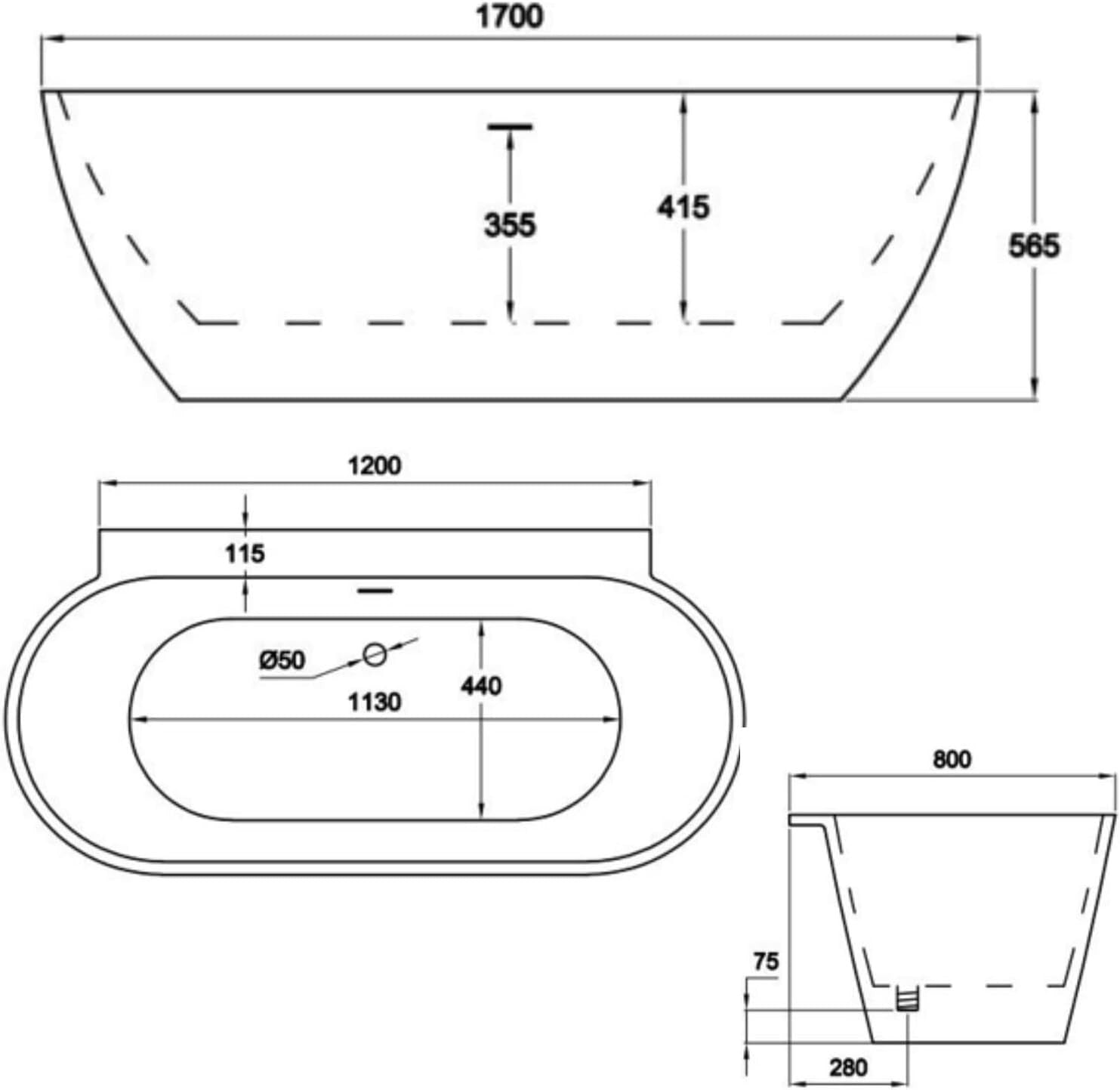 1700x800mm Freestanding Double Ended Back-to-Wall Bath White Acrylic