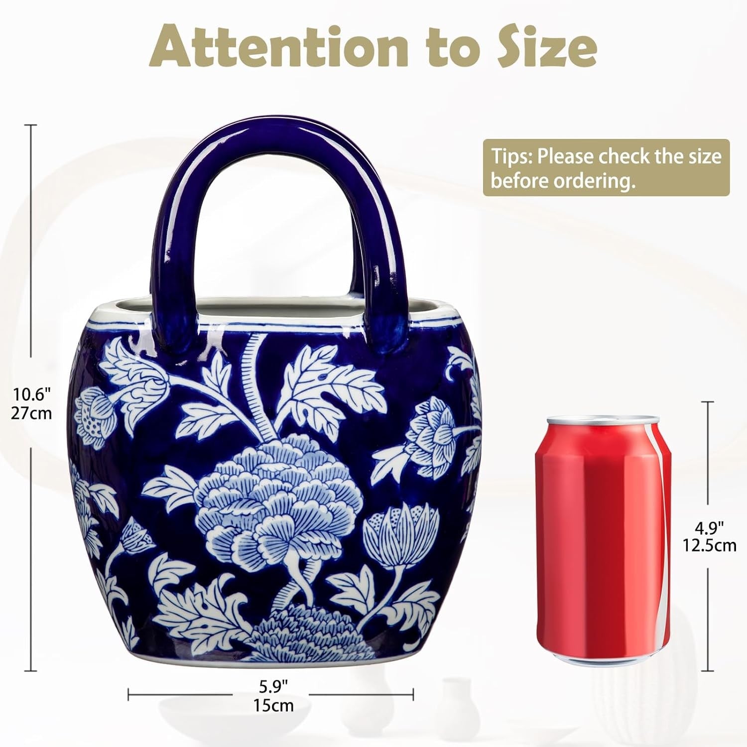 Blue White Ceramic Flower Vase Handbag Style Table Decor Porcelain 27cm