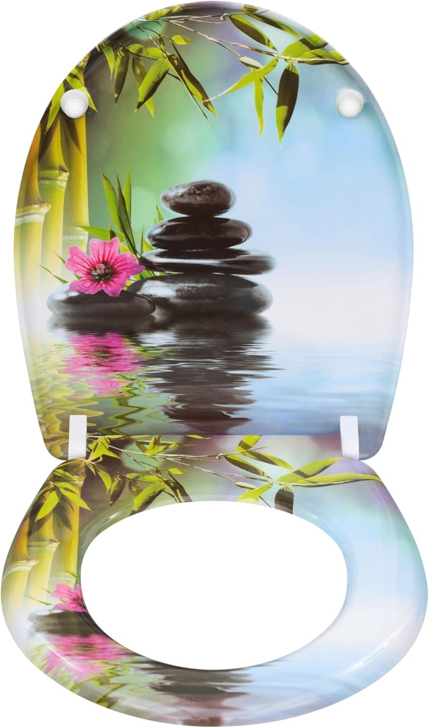 Soft Close O-Shaped Toilet Seat Quick Release Duroplast Stones & Flower Print