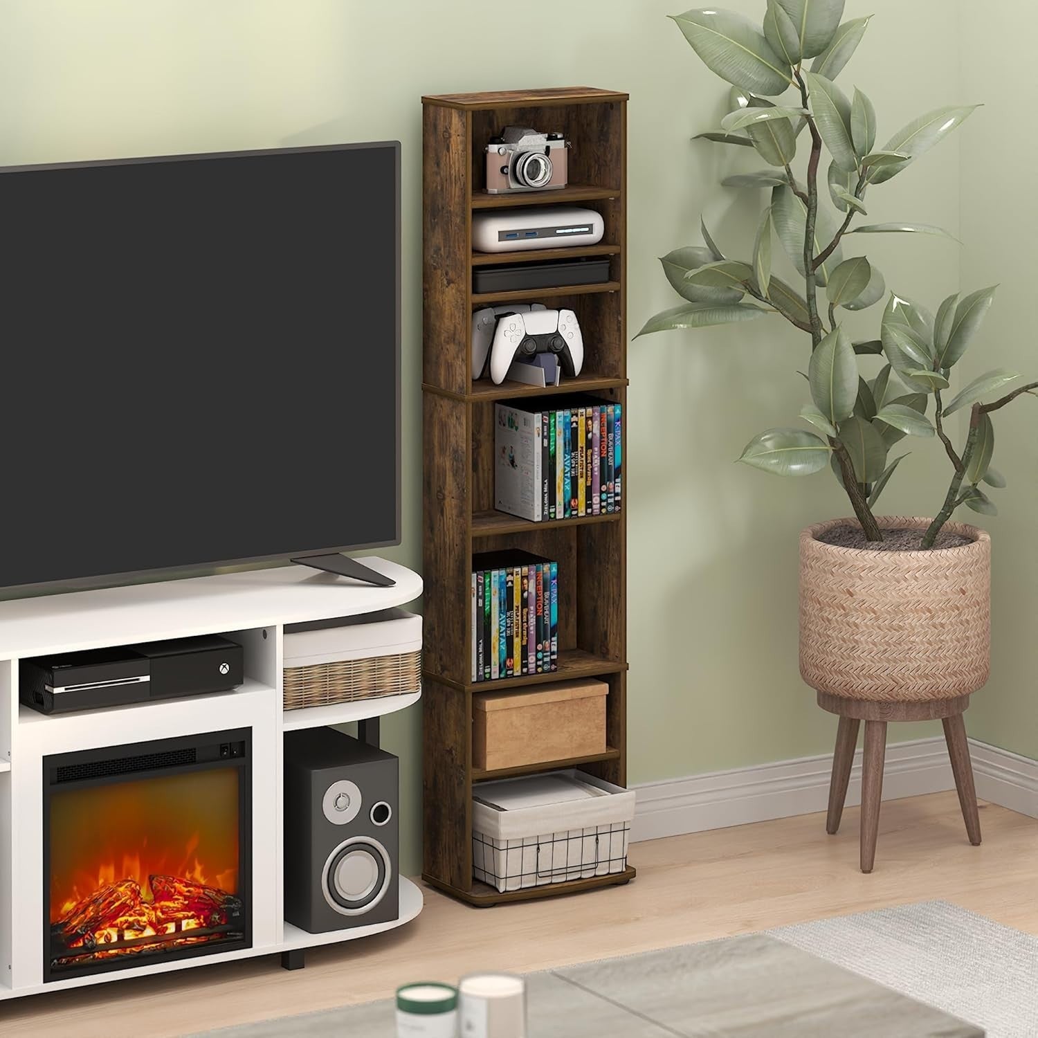 8 Tier CD DVD Storage Tower Adjustable Media Shelf Game Rack Pine