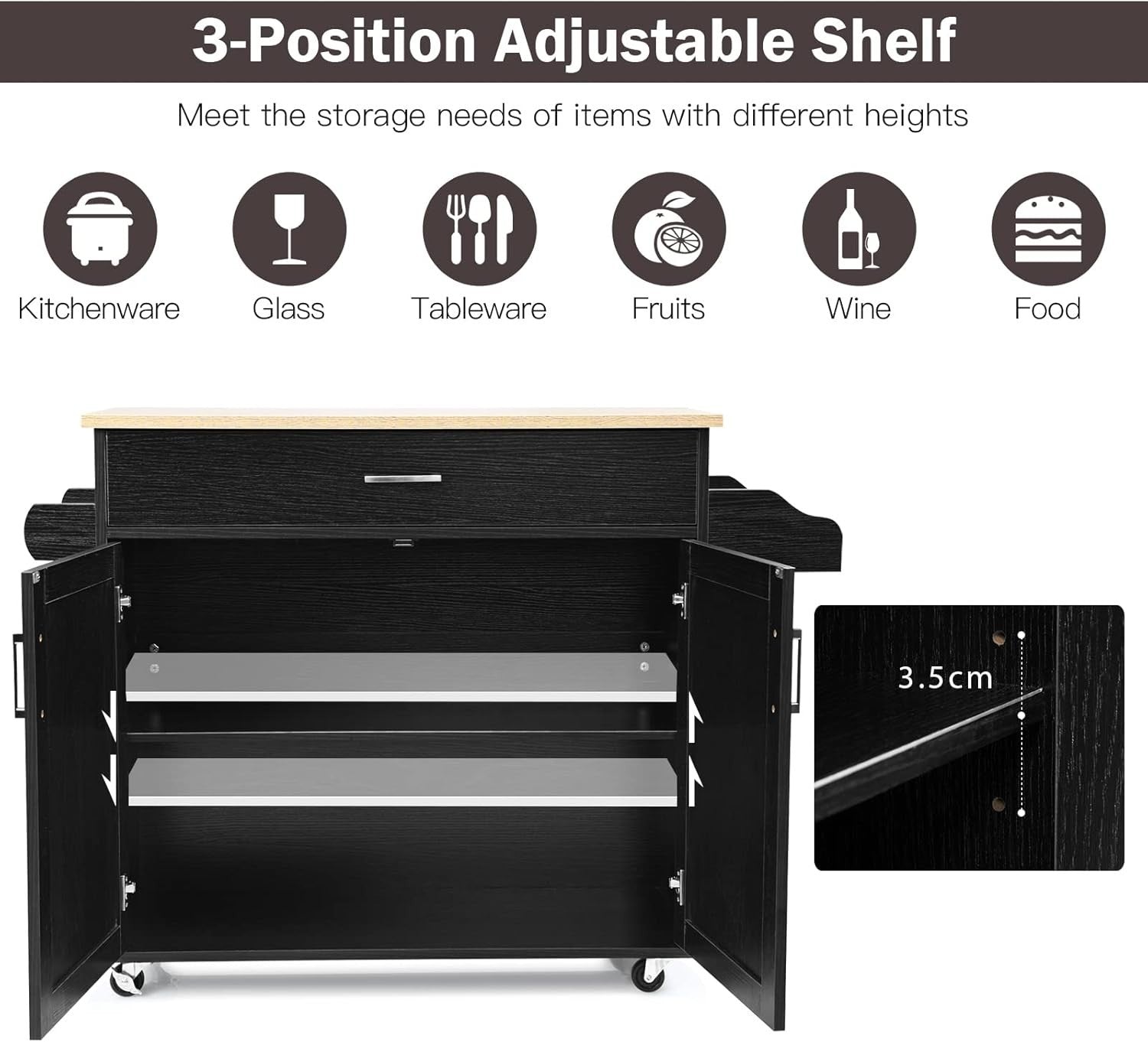 116cm Kitchen Island Trolley Drawer Cabinet Black