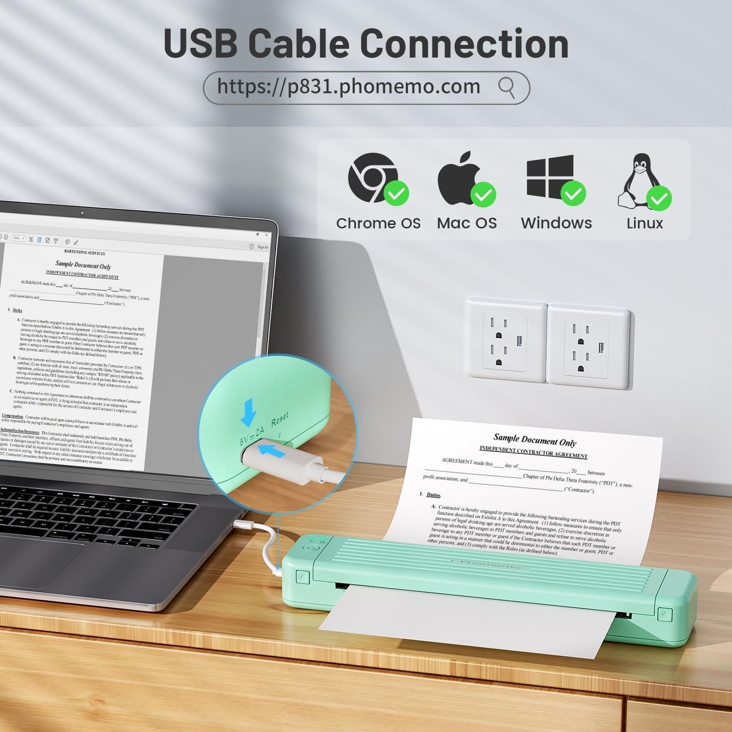 Portable A4 Thermal Printer 300DPI Wireless Inkless USB Travel