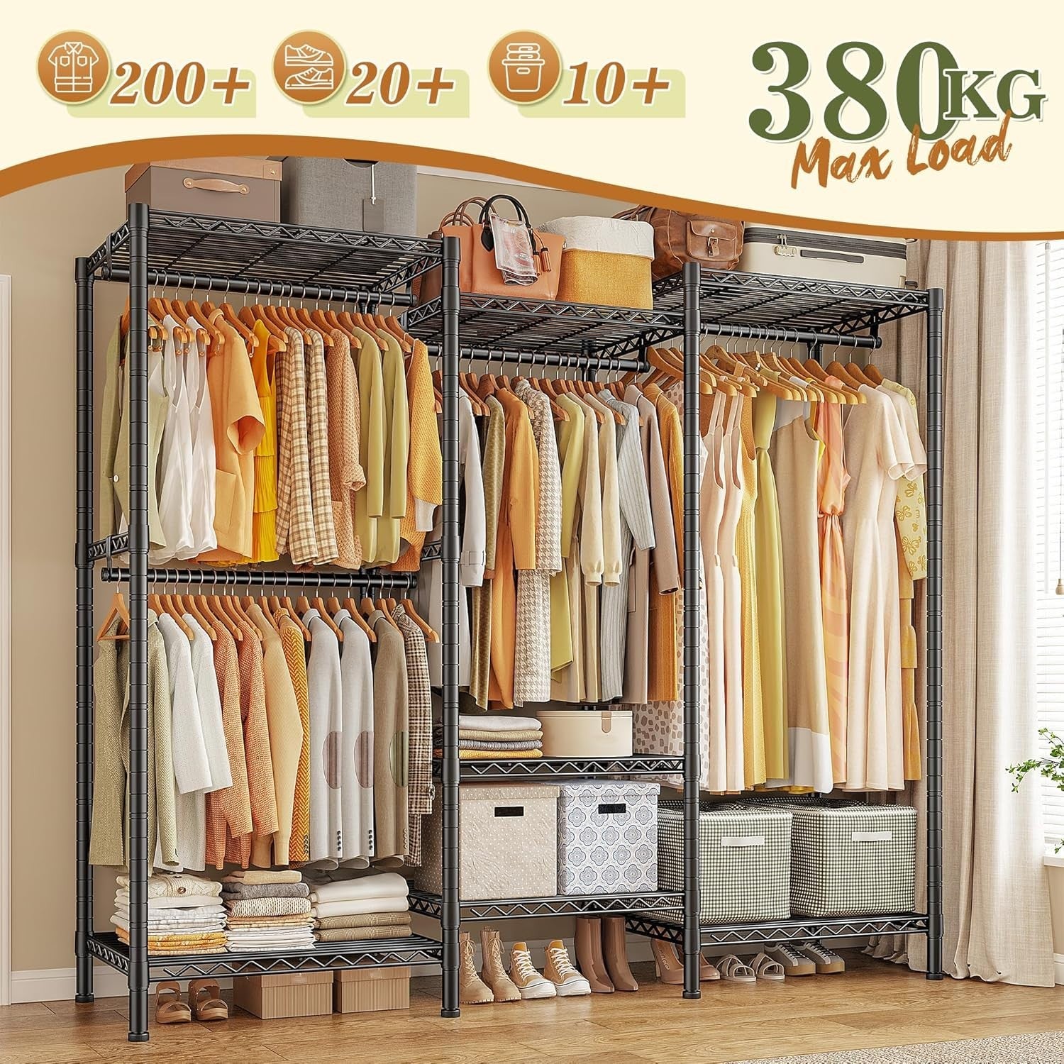 Heavy Duty Clothes Rail 380KG Adjustable Shelves Wardrobe Black