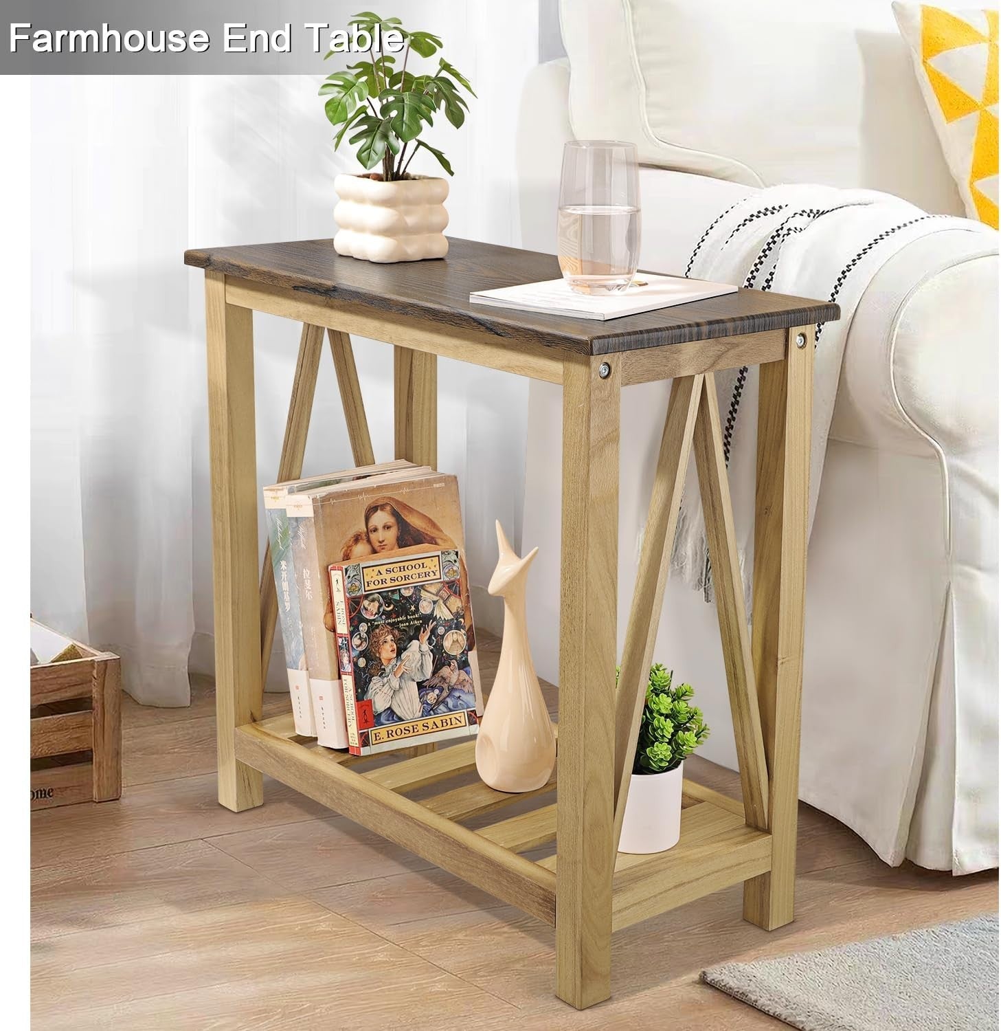 Rustic Narrow Side Table with Storage Shelf, Rectangular Nightstand for Small Sp