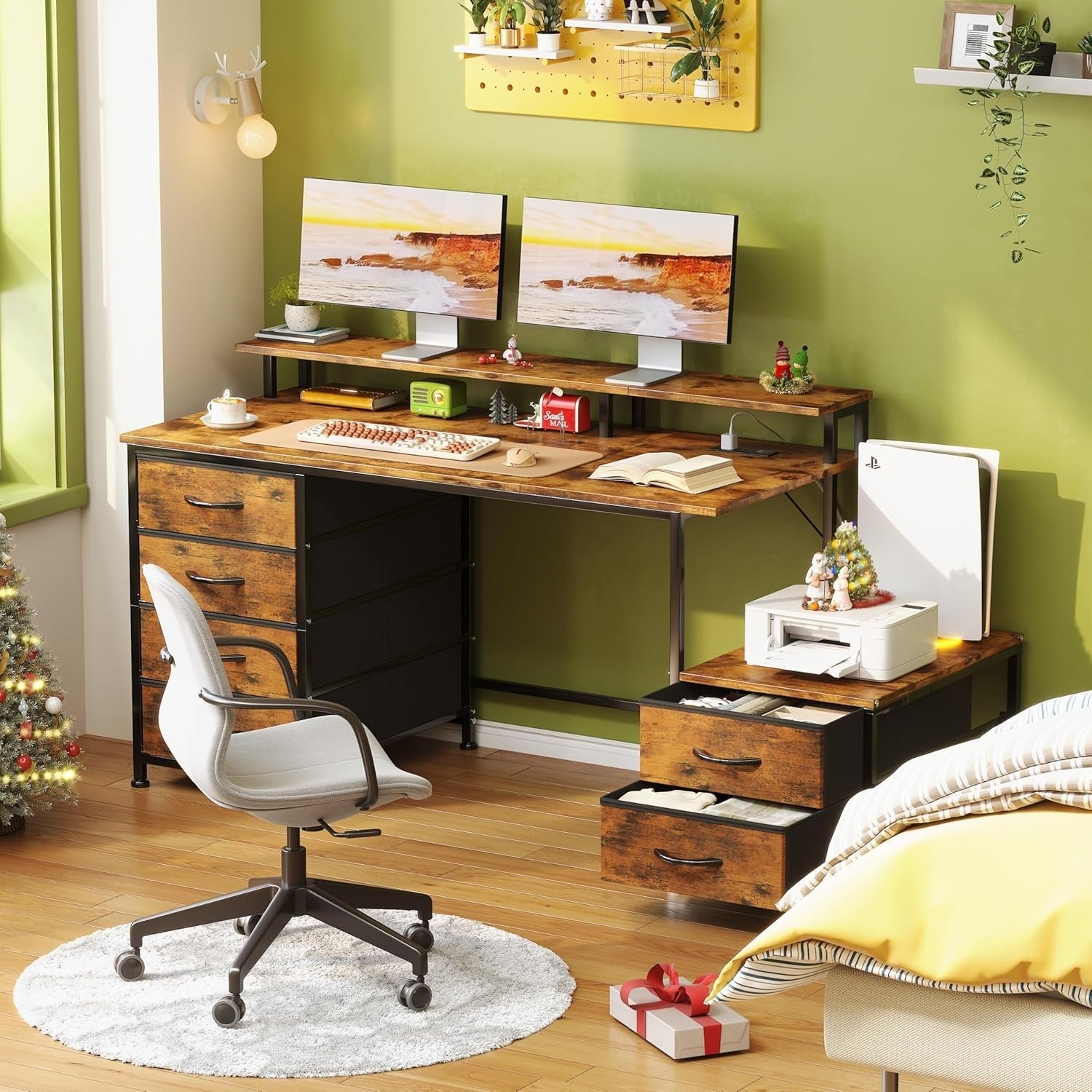 Rustic Brown 128cm Computer Desk with 6 Drawers, USB Ports & Monitor Stand