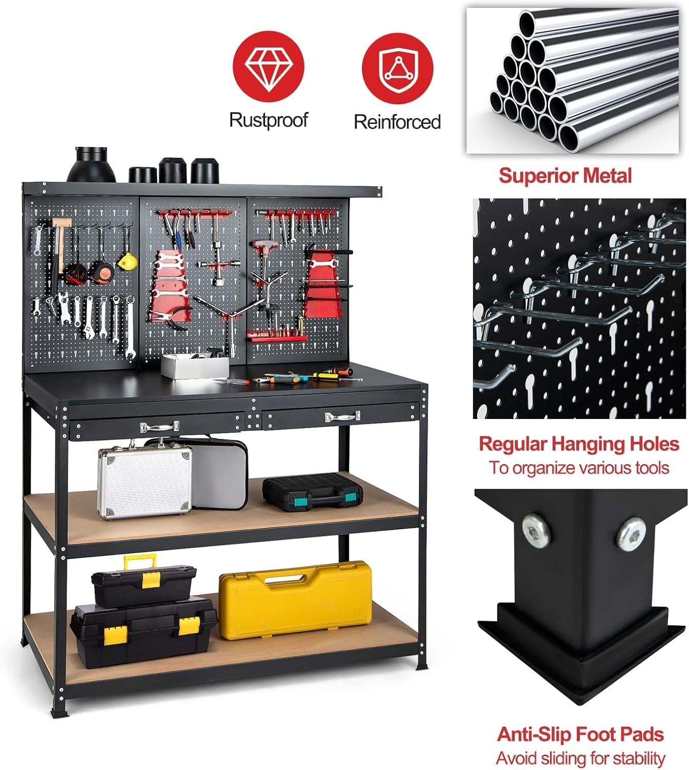 Heavy Duty Garage Workbench with Pegboard Drawers Shelves 435kg Tool Station